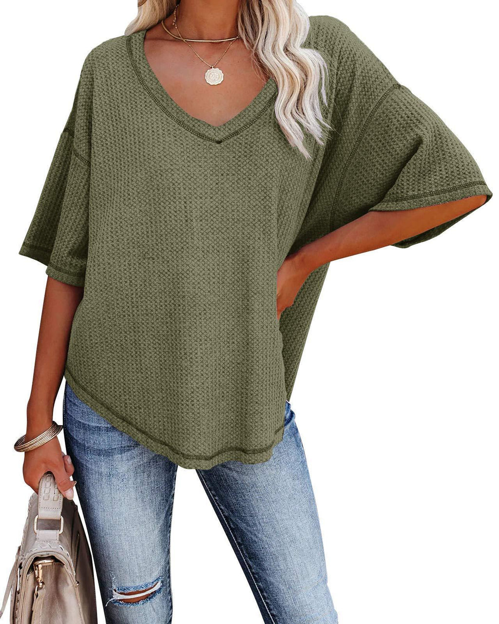 V-neck Women's Summer Short Sleeve Green Top with Pocket