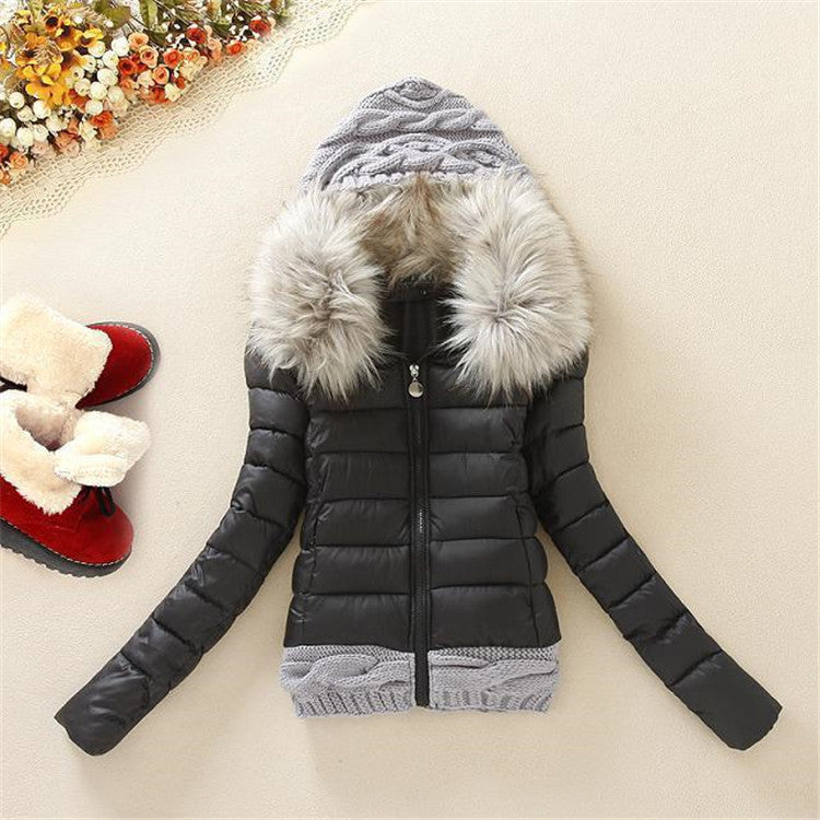 Knitted Patch Cotton Jacket with Fur Collar