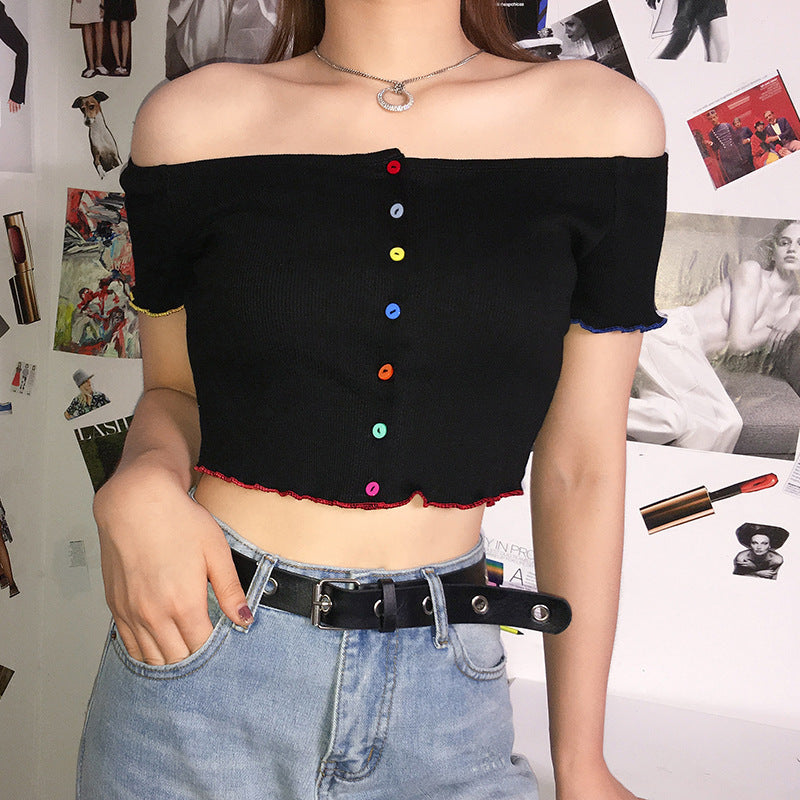 Color Button Off-Shoulder Cropped Top for Women