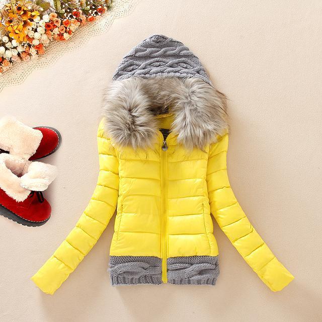 Knitted Patch Cotton Jacket with Fur Collar