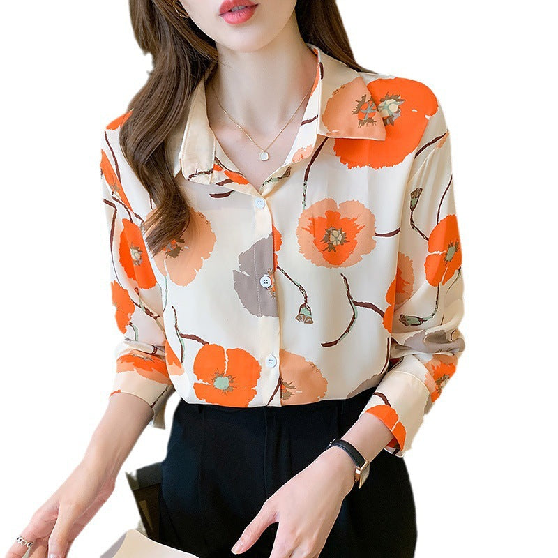 Autumn Chiffon Shirt - Retro Printed Long Sleeve Top
