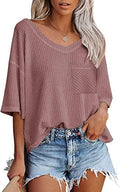 V-neck Women's Summer Short Sleeve Green Top with Pocket