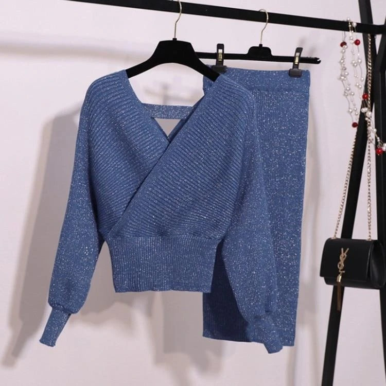 V-Neck Fashion Goddess Two-Piece Knit Set with Skirt