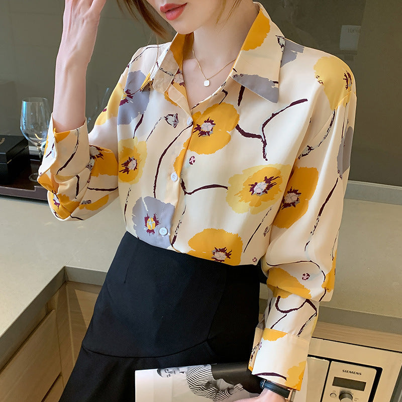 Autumn Chiffon Shirt - Retro Printed Long Sleeve Top