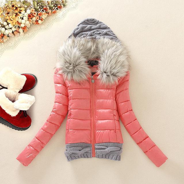 Knitted Patch Cotton Jacket with Fur Collar