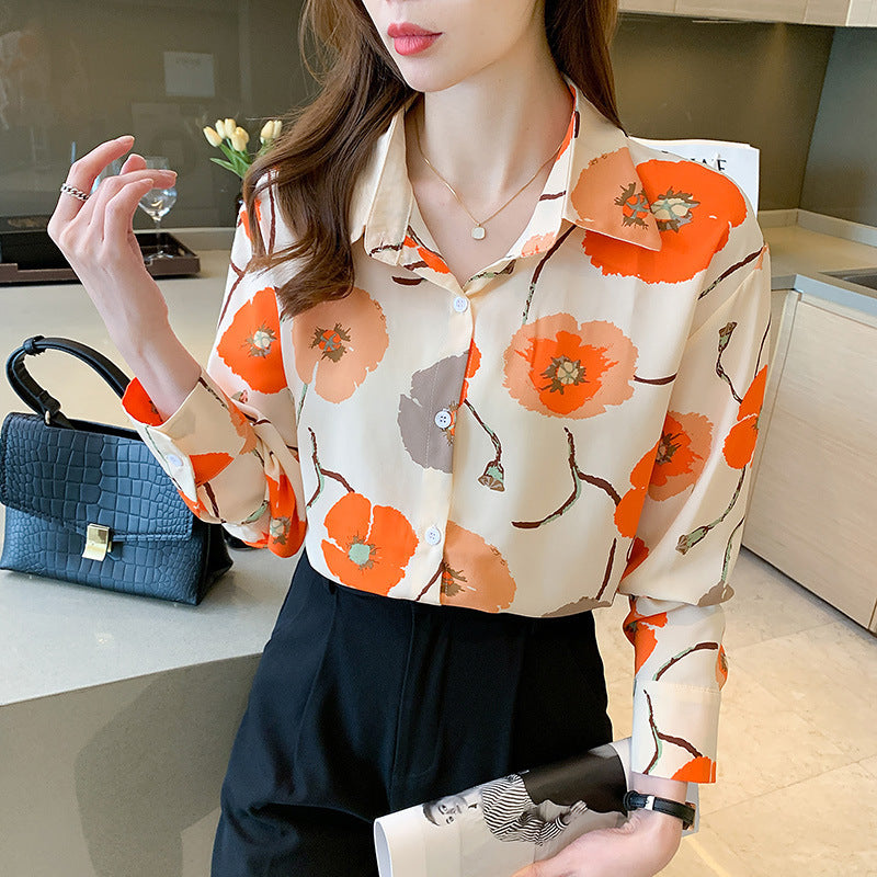 Autumn Chiffon Shirt - Retro Printed Long Sleeve Top
