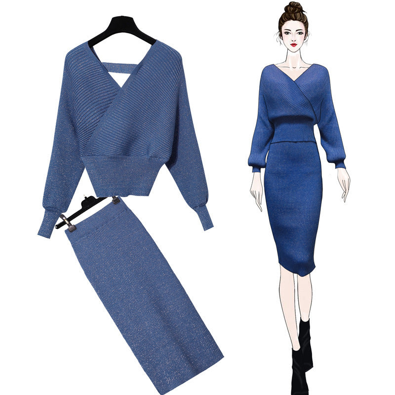 V-Neck Fashion Goddess Two-Piece Knit Set with Skirt