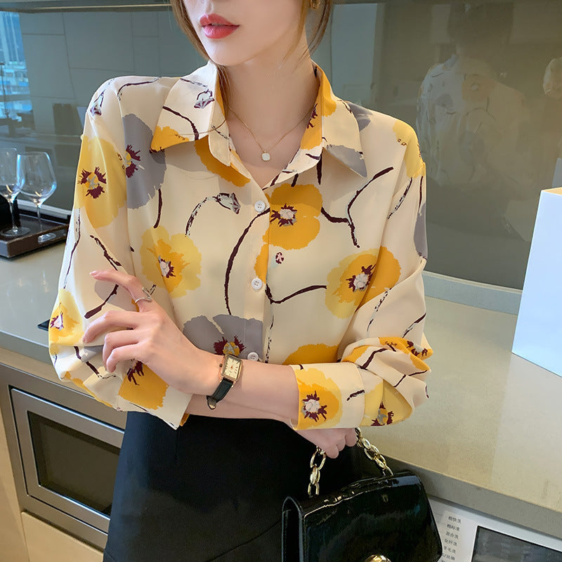 Autumn Chiffon Shirt - Retro Printed Long Sleeve Top