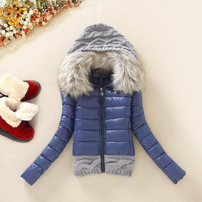 Knitted Patch Cotton Jacket with Fur Collar