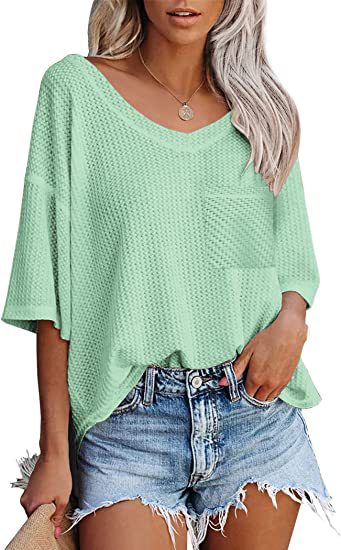 V-neck Women's Summer Short Sleeve Green Top with Pocket
