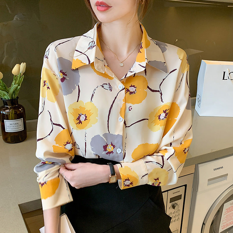 Autumn Chiffon Shirt - Retro Printed Long Sleeve Top