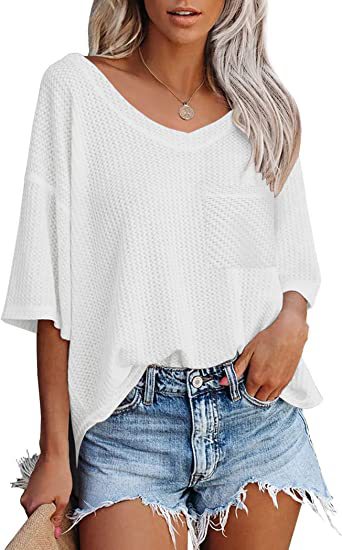V-neck Women's Summer Short Sleeve Green Top with Pocket