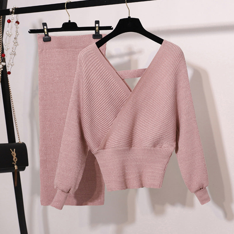 V-Neck Fashion Goddess Two-Piece Knit Set with Skirt