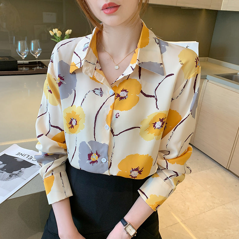 Autumn Chiffon Shirt - Retro Printed Long Sleeve Top