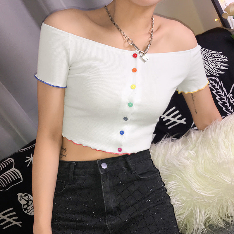 Color Button Off-Shoulder Cropped Top for Women