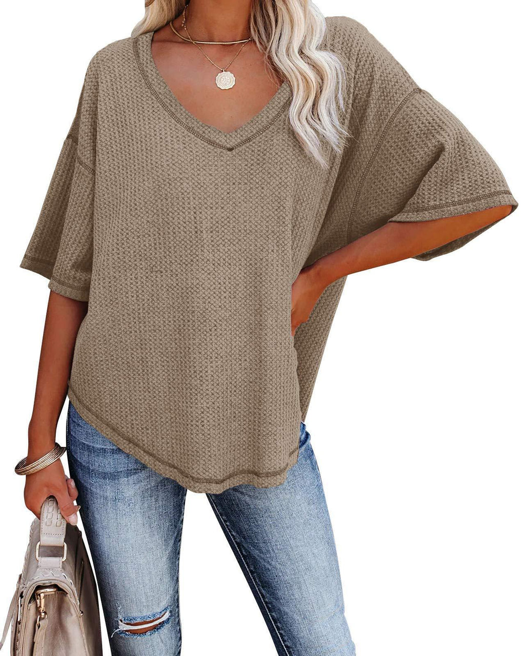 V-neck Women's Summer Short Sleeve Green Top with Pocket