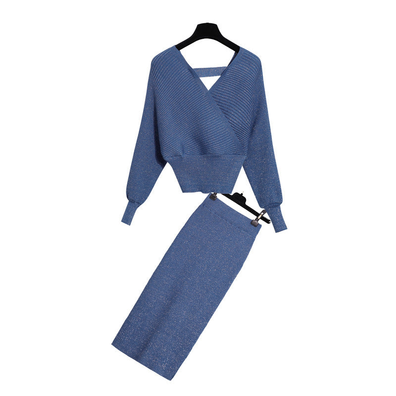 V-Neck Fashion Goddess Two-Piece Knit Set with Skirt