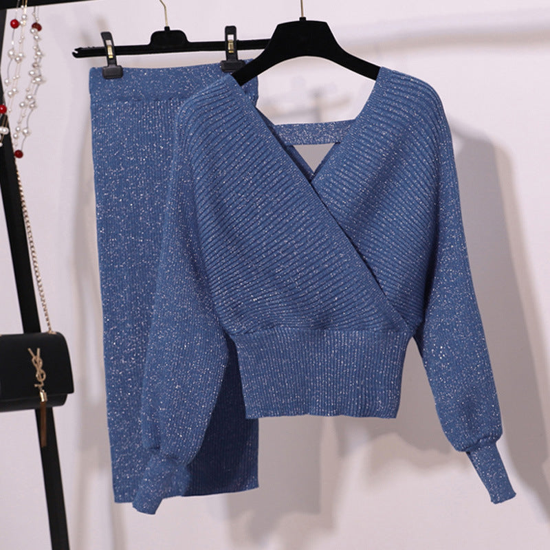 V-Neck Fashion Goddess Two-Piece Knit Set with Skirt