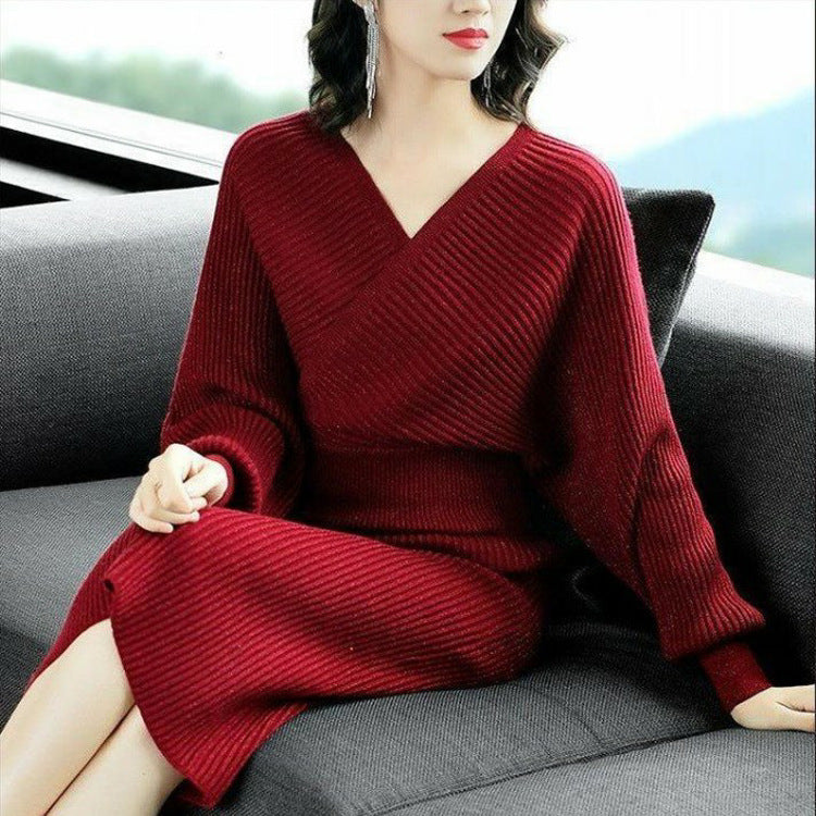 V-Neck Fashion Goddess Two-Piece Knit Set with Skirt