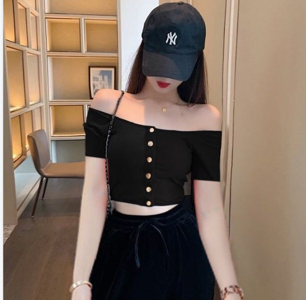 Color Button Off-Shoulder Cropped Top for Women